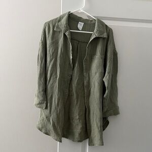 Lightweight Olive Green Gauze Button-Up bathing suit cover up Shirt
